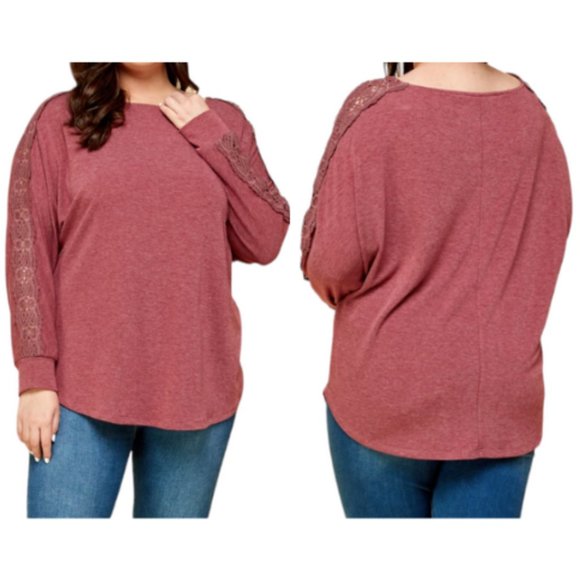 Lulu's French Terry Knit Long Sleeve Pullover Top Lace Cap Shoulder Barn Red XL - Picture 1 of 16